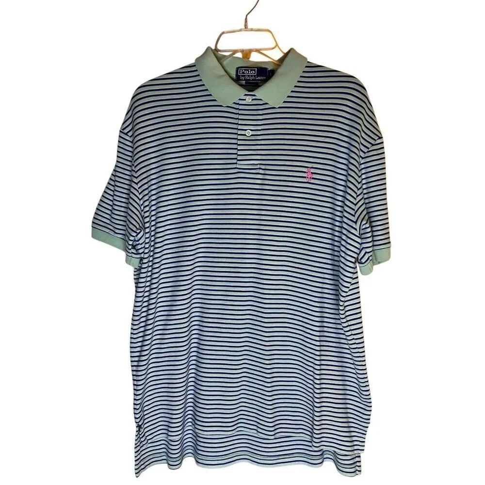 Polo by Ralph Lauren Green Blue Striped Polo Shirt, Size Large, Pink Polo Logo